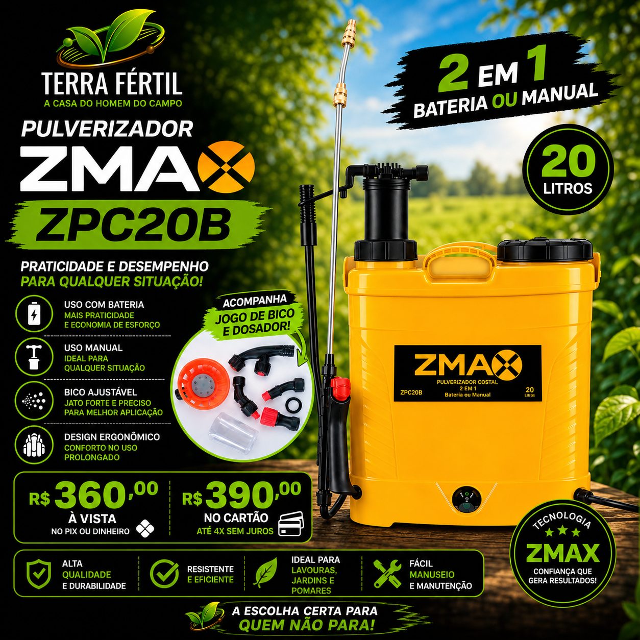 Pulverizador Zmax ZPC20B 2 em 1, bateria ou manual, 20 litros