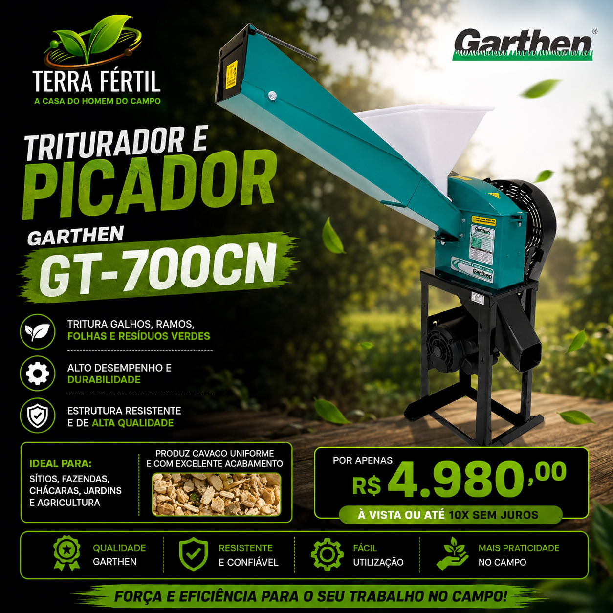 Triturador e picador Garthen GT-700CN para galhos e resíduos verdes